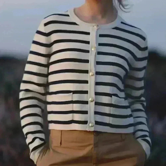 Jessica Simpson Nautical Striped Women's Cardigan White & Blue Gold Size L NWT - Picture 1 of 8